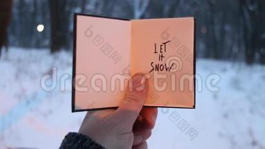 让它下雪吧！ 圣诞书法。 手写的。 手拿着一本有铭文的书，在书的背景上